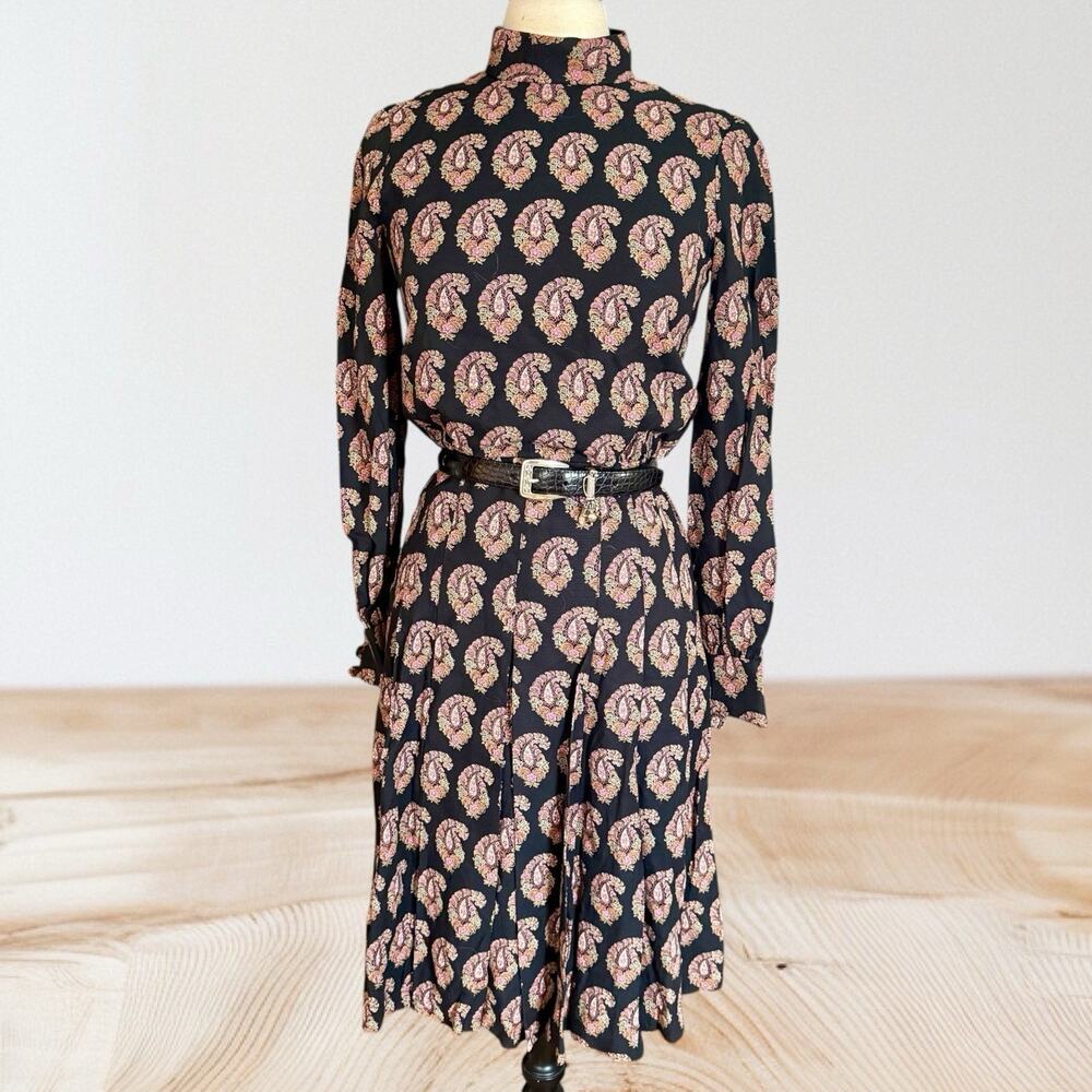 Geoffrey Beene Boutique 1970ties Dress Sz 4 Womens Midi Vintage Black‎ Paisley